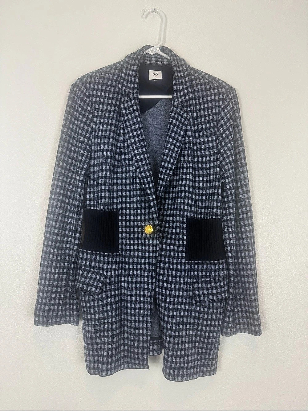 CAbi Checkup Blazer Jacket Navy Gingham Plaid Stretch Waist Pockets #5848